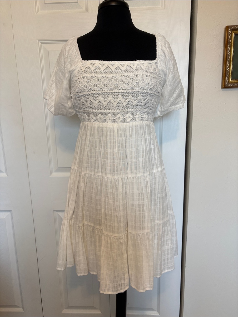 NWT Hem & Thread White Crochet Yoke Square Neck Mini Dress/Smocking. Size Small.